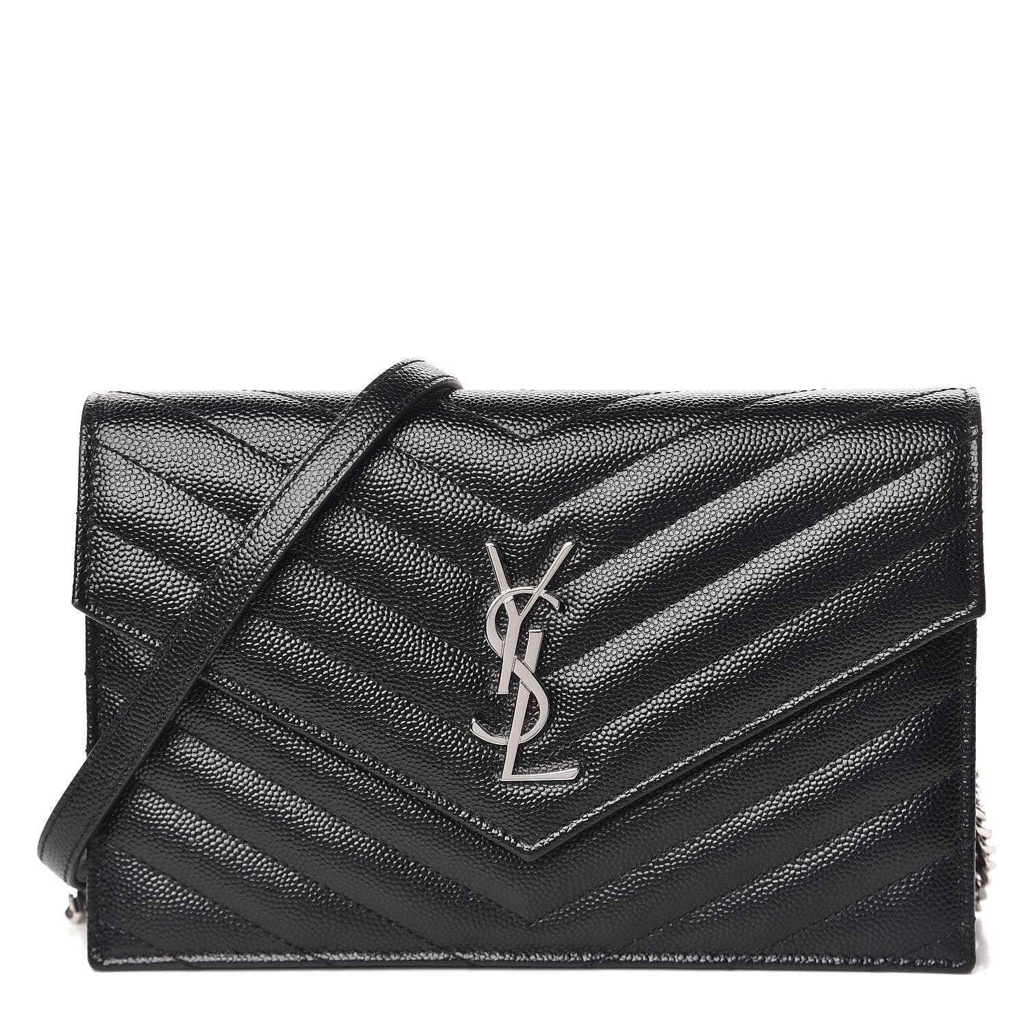 Saint Laurent Grain De Poudre Matelasse Chevron Monogram Envelope Chain Wallet Black 1 of 10