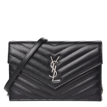 Saint Laurent Grain De Poudre Matelasse Chevron Monogram Envelope Chain Wallet Black 1 of 10