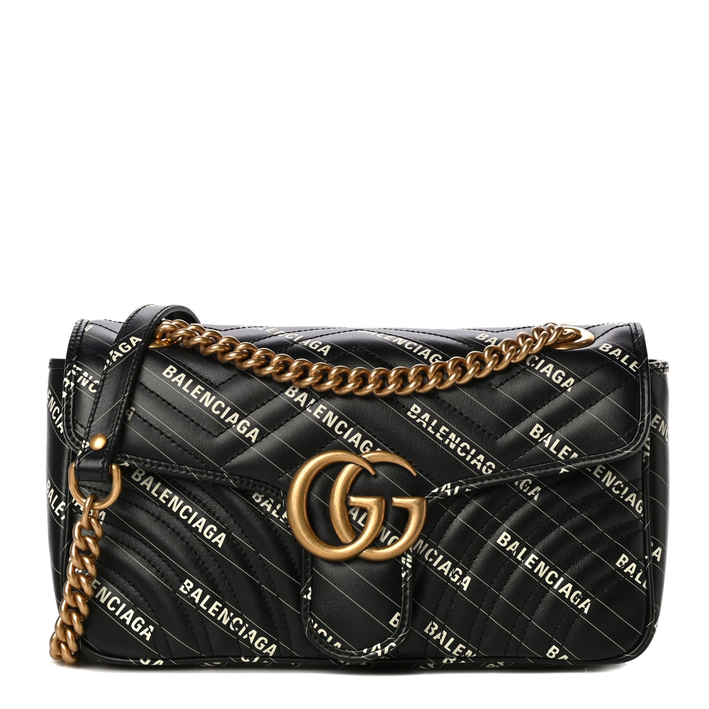 X BALENCIAGA Calfskin Matelasse Logo Print Small GG Marmont Shoulder Bag Black