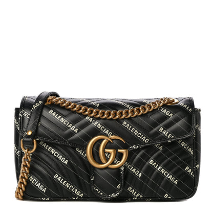 Gucci X BALENCIAGA Calfskin Matelasse Logo Print Small GG Marmont Shoulder Bag Black 1 of 11