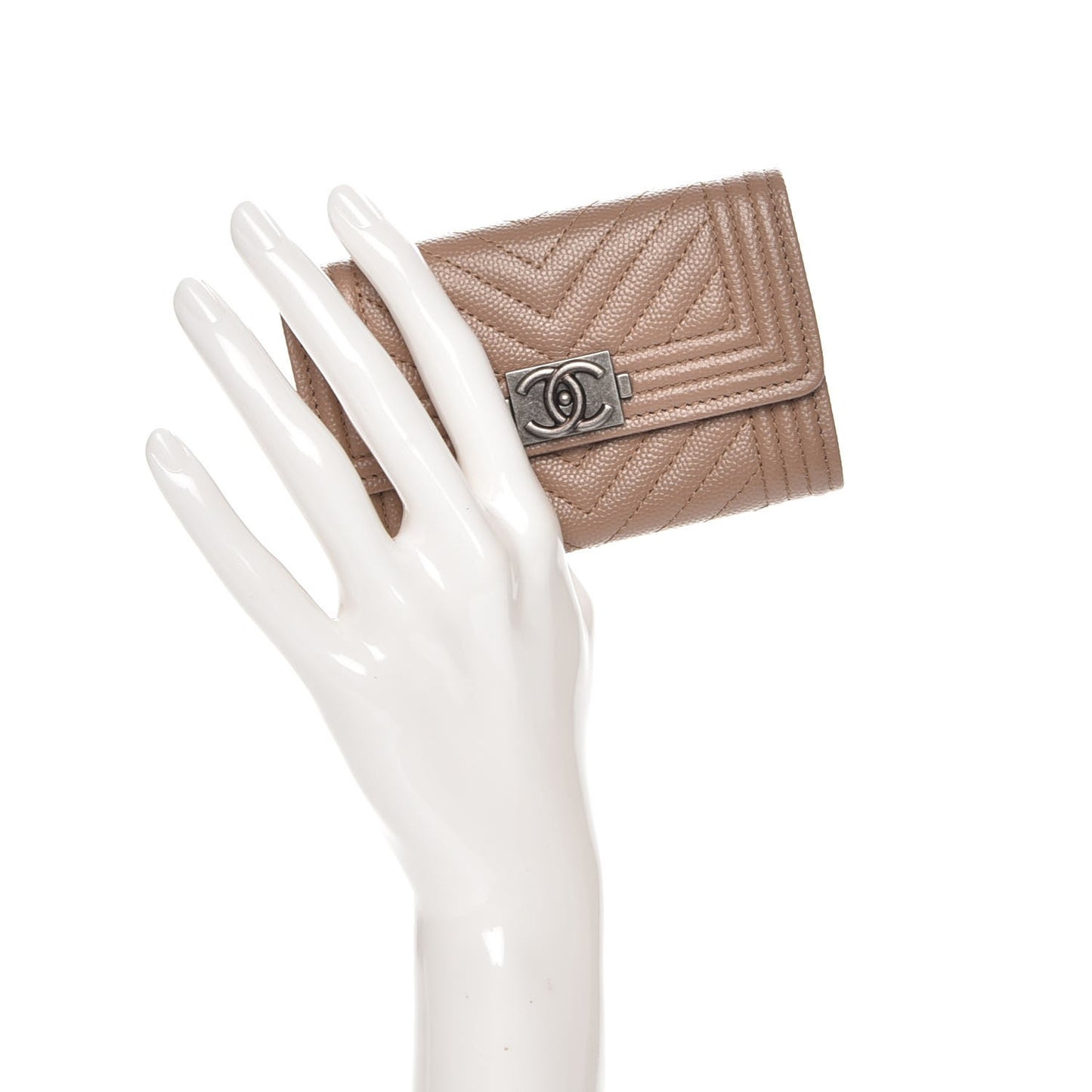Caviar Chevron Quilted Boy Card Holder Wallet Dark Beige