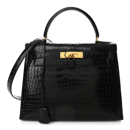 Hermes Shiny Niloticus Crocodile Kelly Sellier 28 Black 1 of 11