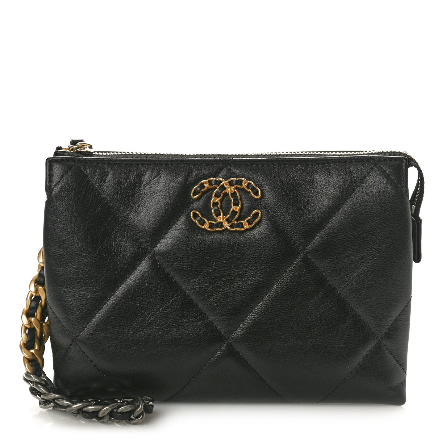 Shiny Goatskin Quilted Small Chanel 19 Pouch With Handle Black