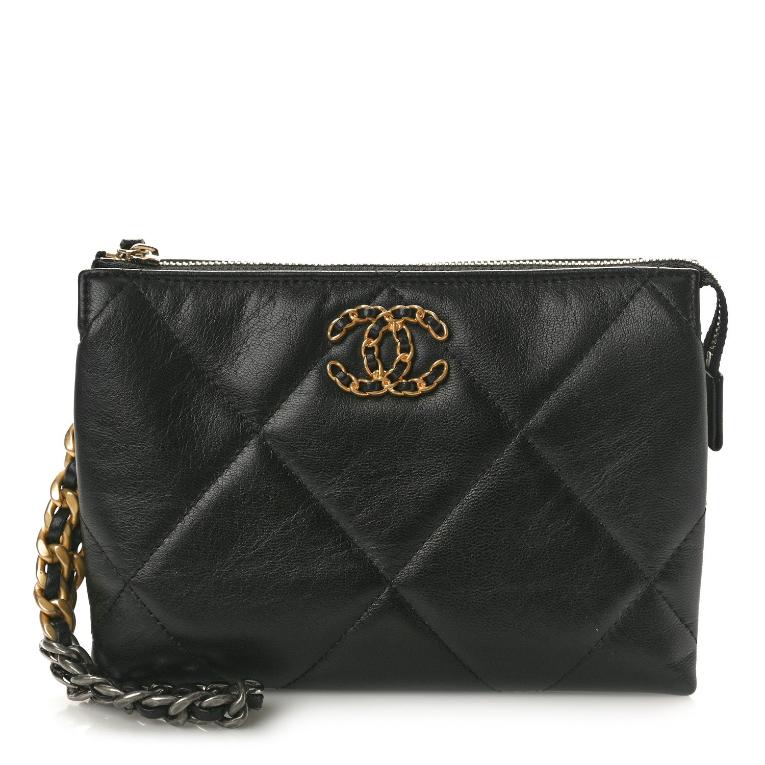 Chanel Shiny Goatskin Quilted Small Chanel 19 Pouch With Handle Black 1 of 8