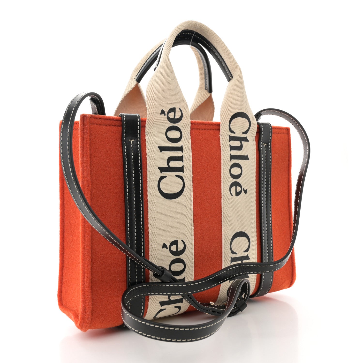 Chloe Felt Calfskin Small Woody Ribbon Tote With Strap Flame Orange 3 of 10