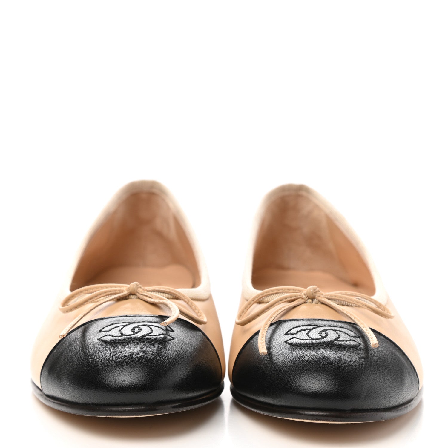 Chanel Lambskin Cap Toe CC Ballerina Flats 38.5 Beige Black 2 of 9
