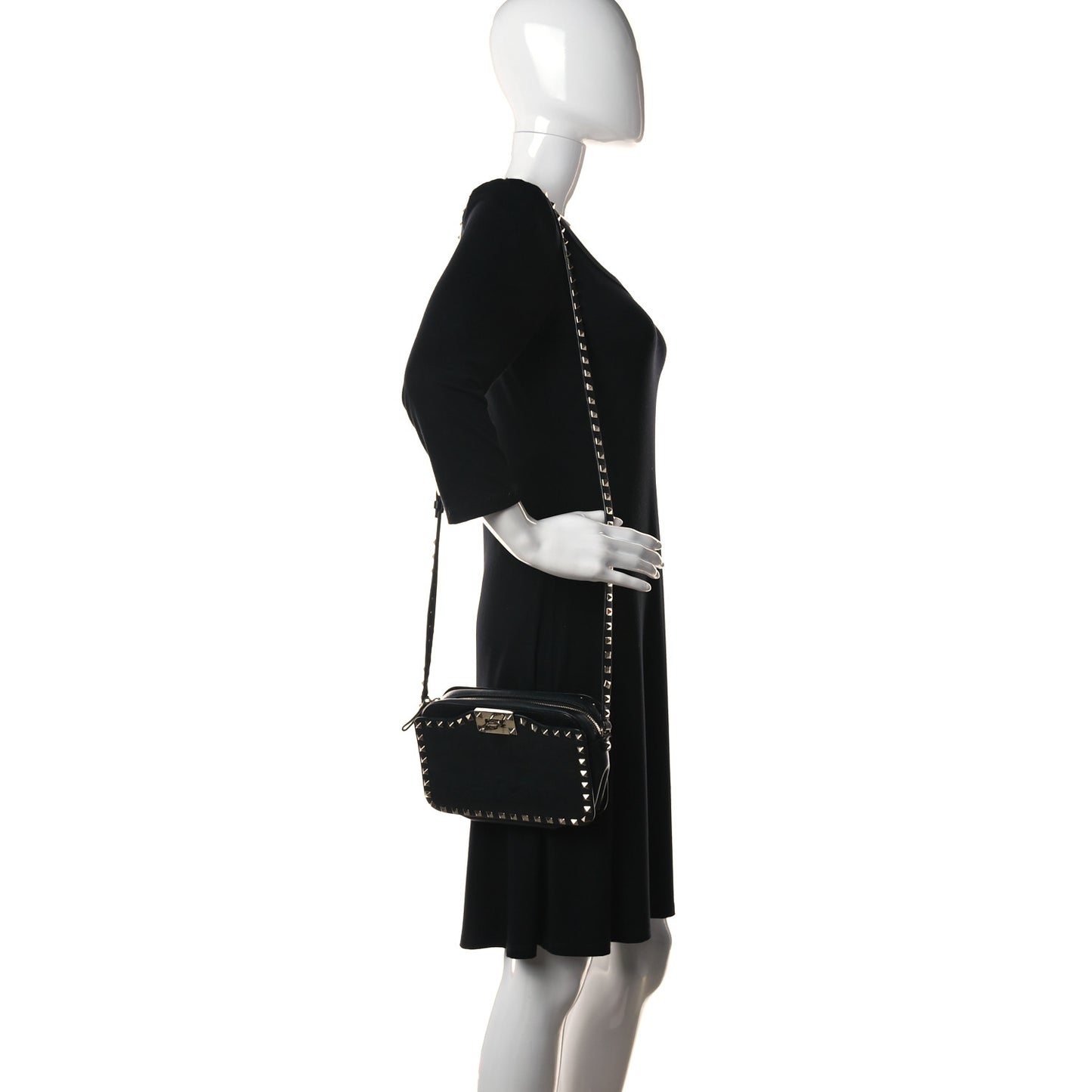 Vitello Rockstud Flip Lock Camera Crossbody Bag Black
