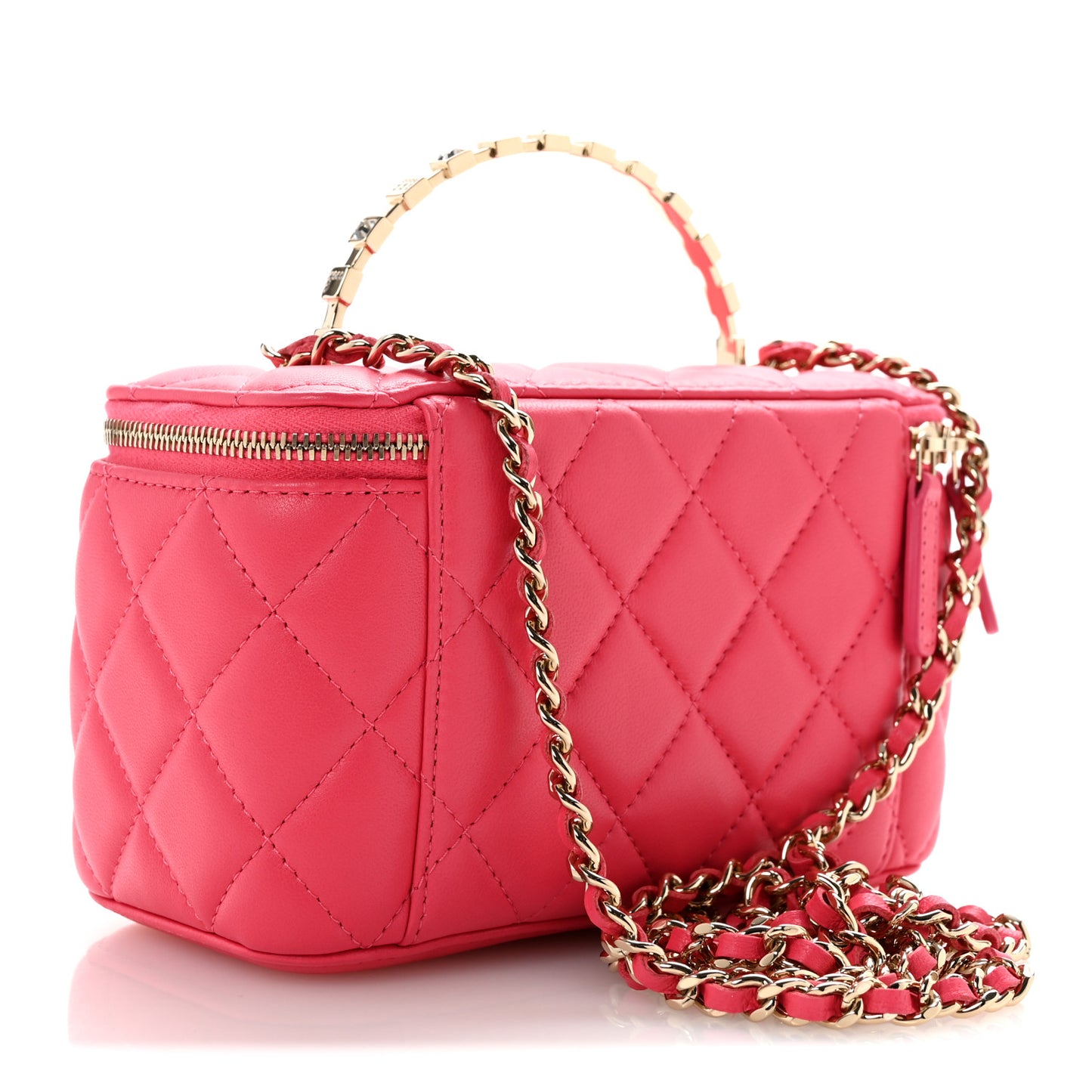 Lambskin Quilted Baguette Crystal Top Handle Vanity Case With Chain Fuchsia