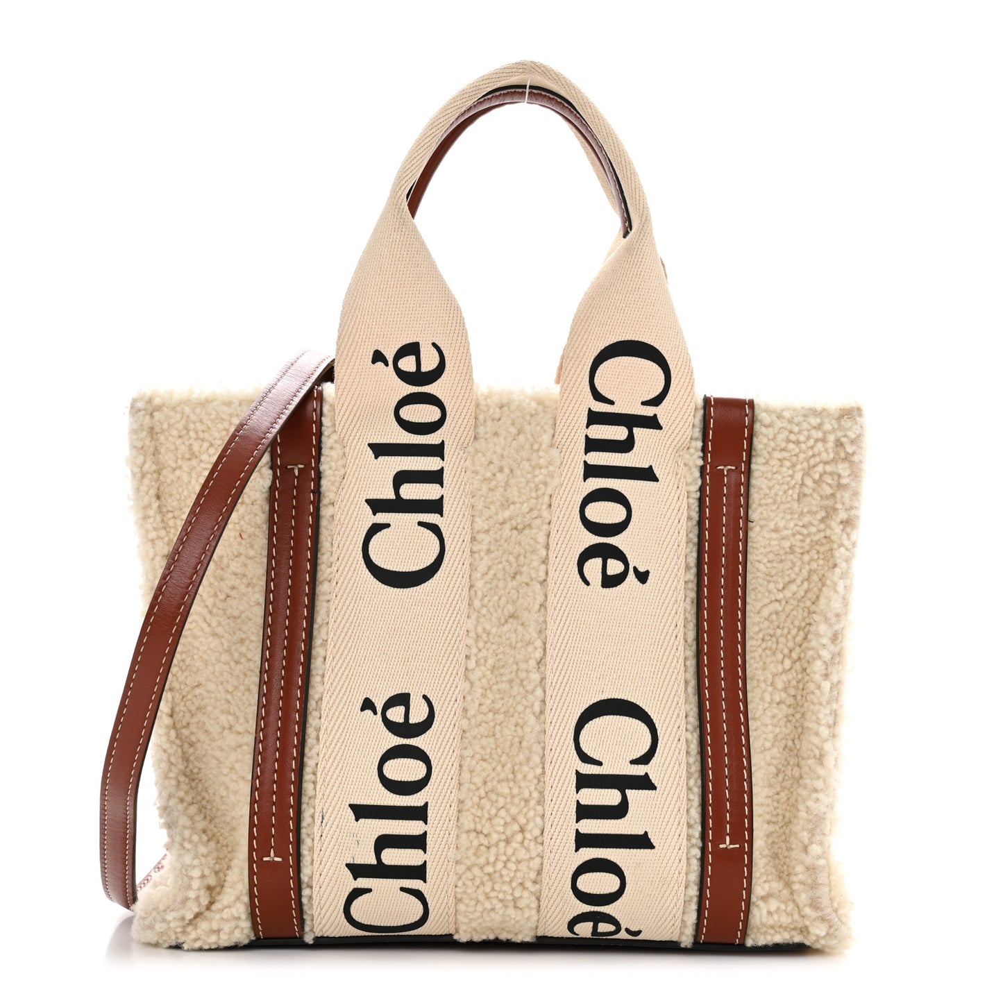 Shearling Calfskin Small Woody Ribbon Tote With Strap Mild Beige