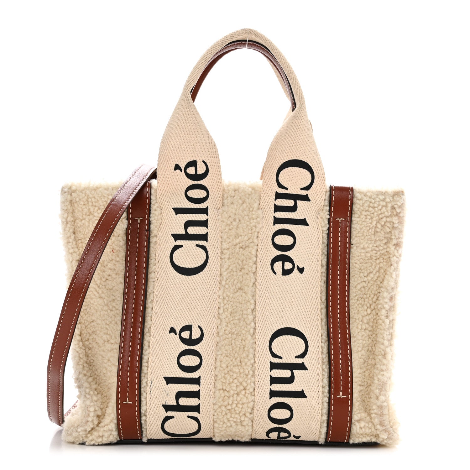 Chloe Shearling Calfskin Small Woody Ribbon Tote With Strap Mild Beige 1 of 13