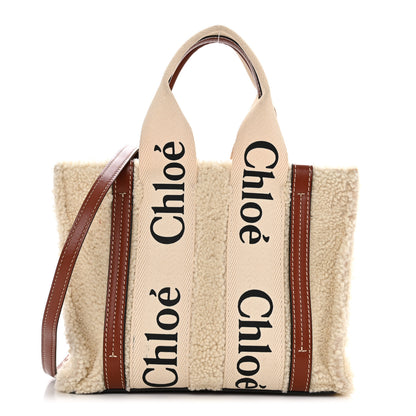 Chloe Shearling Calfskin Small Woody Ribbon Tote With Strap Mild Beige 1 of 13