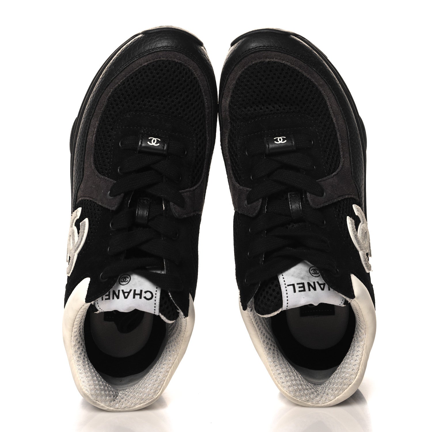 Chanel Mesh Suede Grained Calfskin Womens CC Sneakers 36.5 Black White 2 of 9