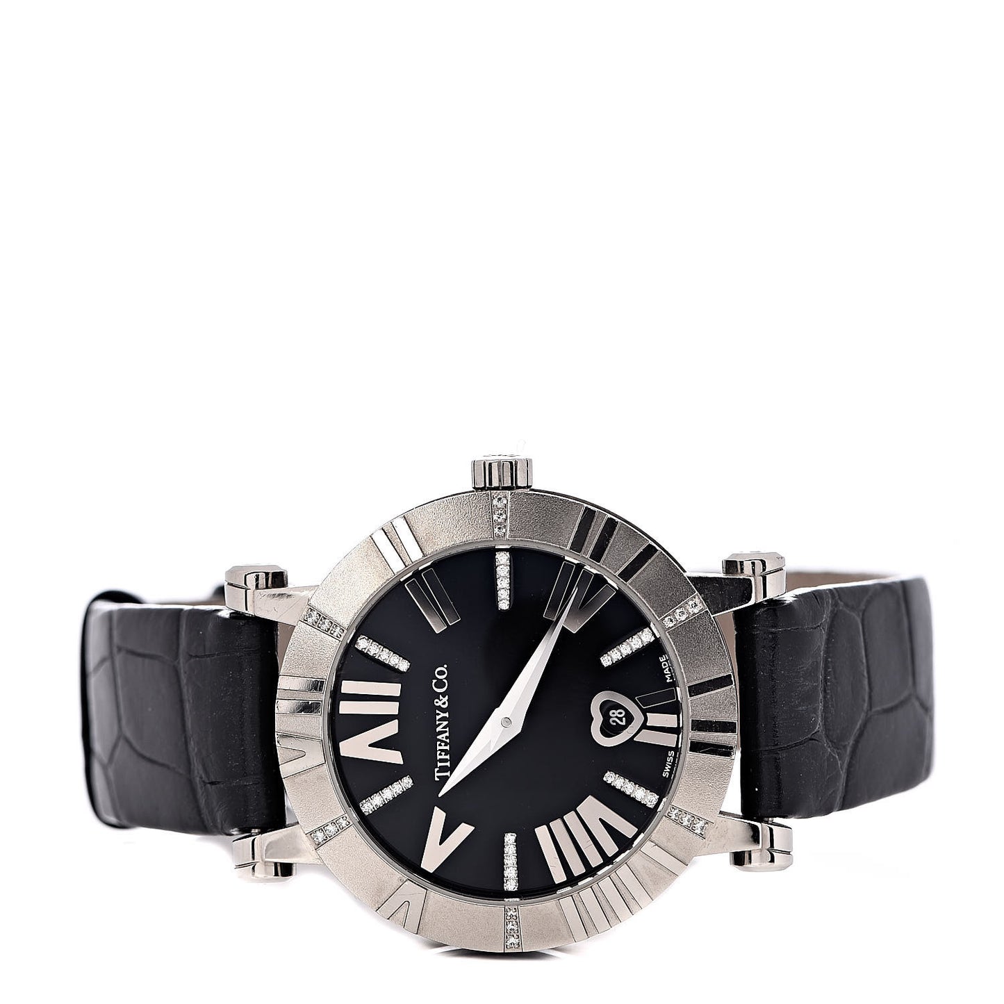 18K White Gold Alligator Diamond 30mm Atlas Quartz Watch Black