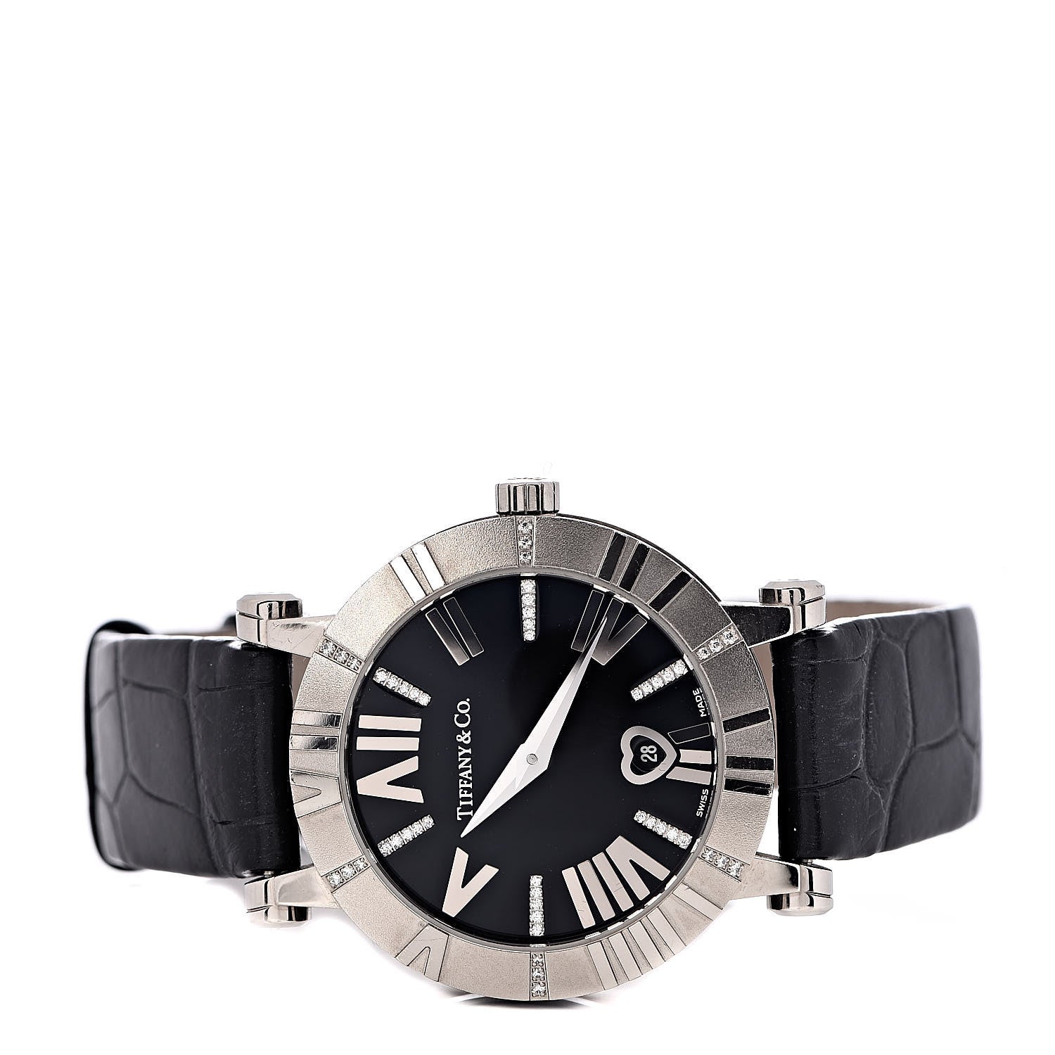 Tiffany 18K White Gold Alligator Diamond 30mm Atlas Quartz Watch Black 3 of 5