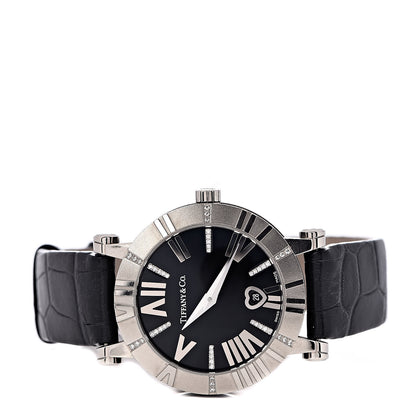 Tiffany 18K White Gold Alligator Diamond 30mm Atlas Quartz Watch Black 3 of 5