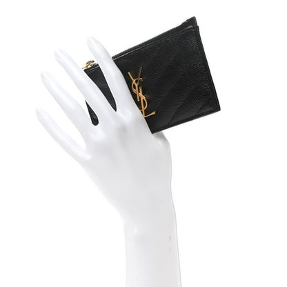 Saint Laurent Grain De Poudre Matelasse Chevron Monogram Fragments Zippered Card Case Black 2 of 8