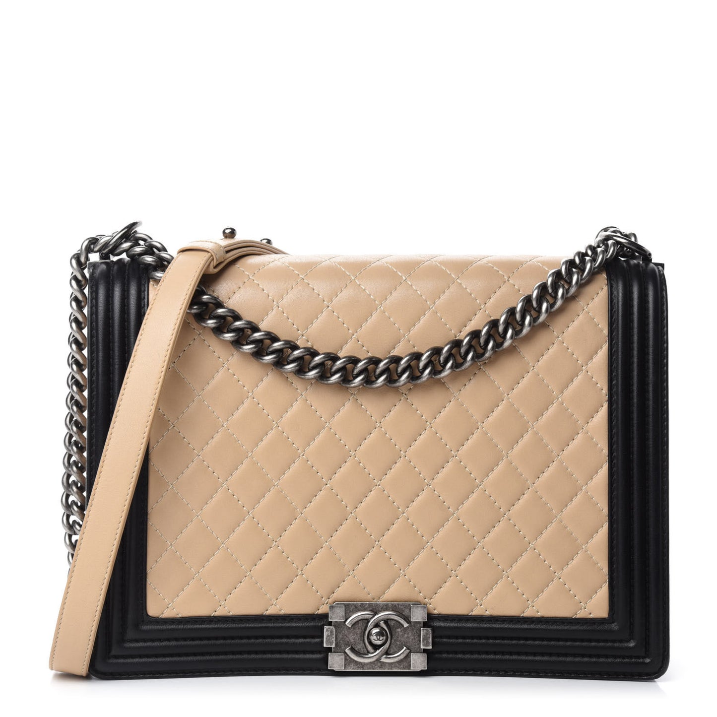 Lambskin Quilted Large Boy Flap Beige Black