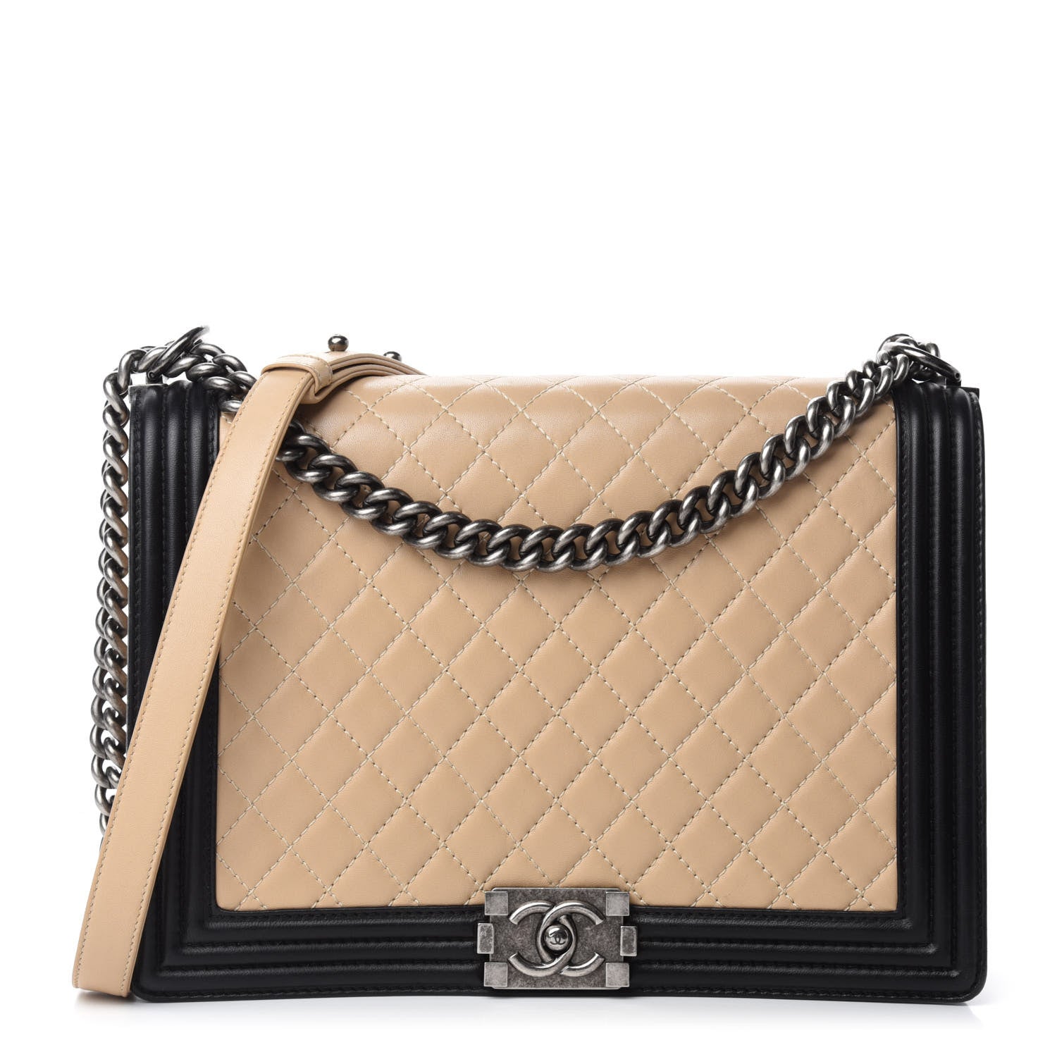 Chanel Lambskin Quilted Large Boy Flap Beige Black 1 of 12