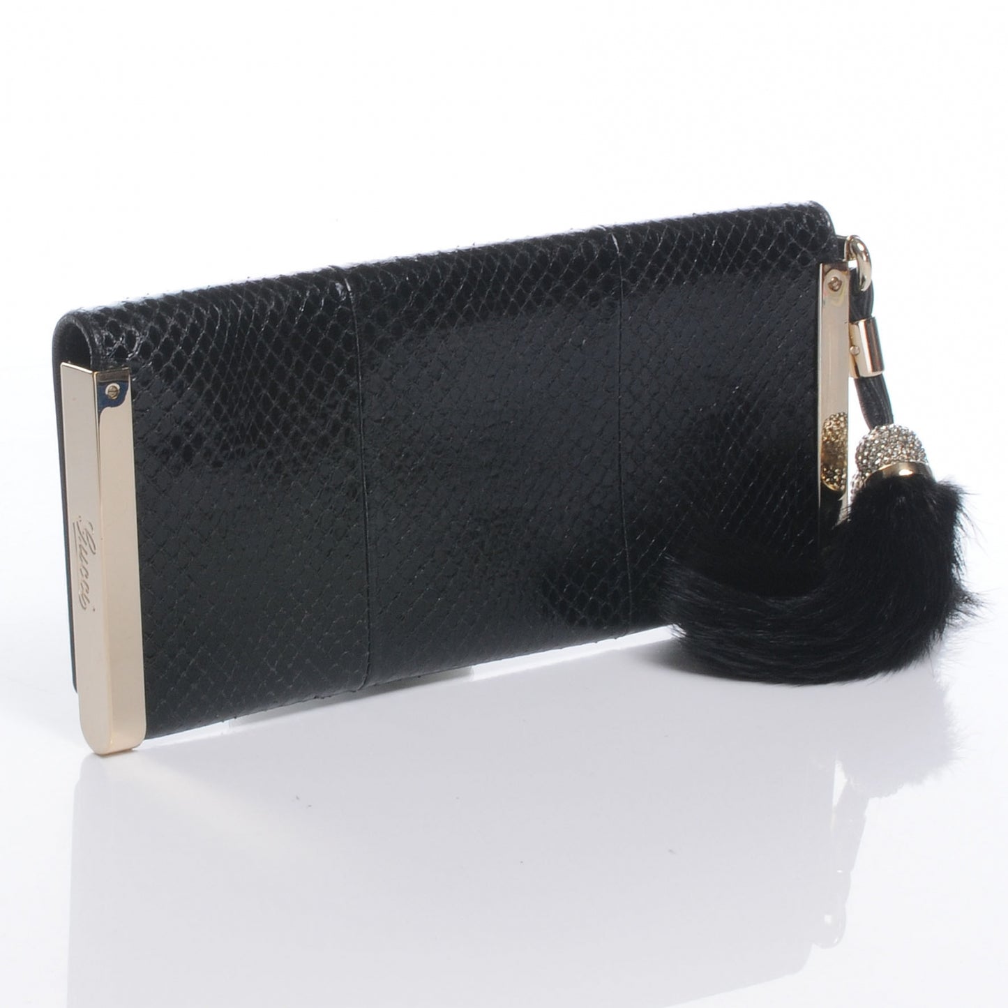 Snakeskin Mink Crystal Tassel Clutch Black