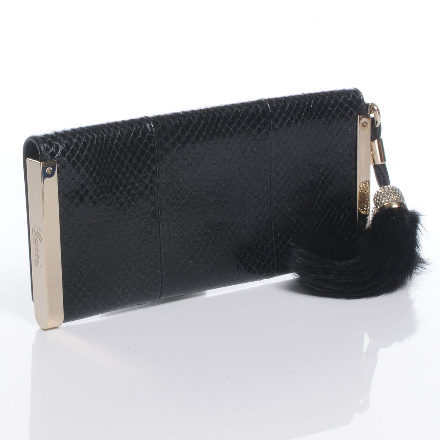 Gucci Snakeskin Mink Crystal Tassel Clutch Black 3 of 7