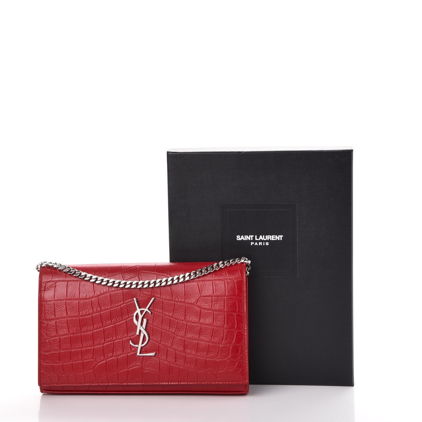 Calfskin Crocodile Embossed Monogram Chain Wallet New Red