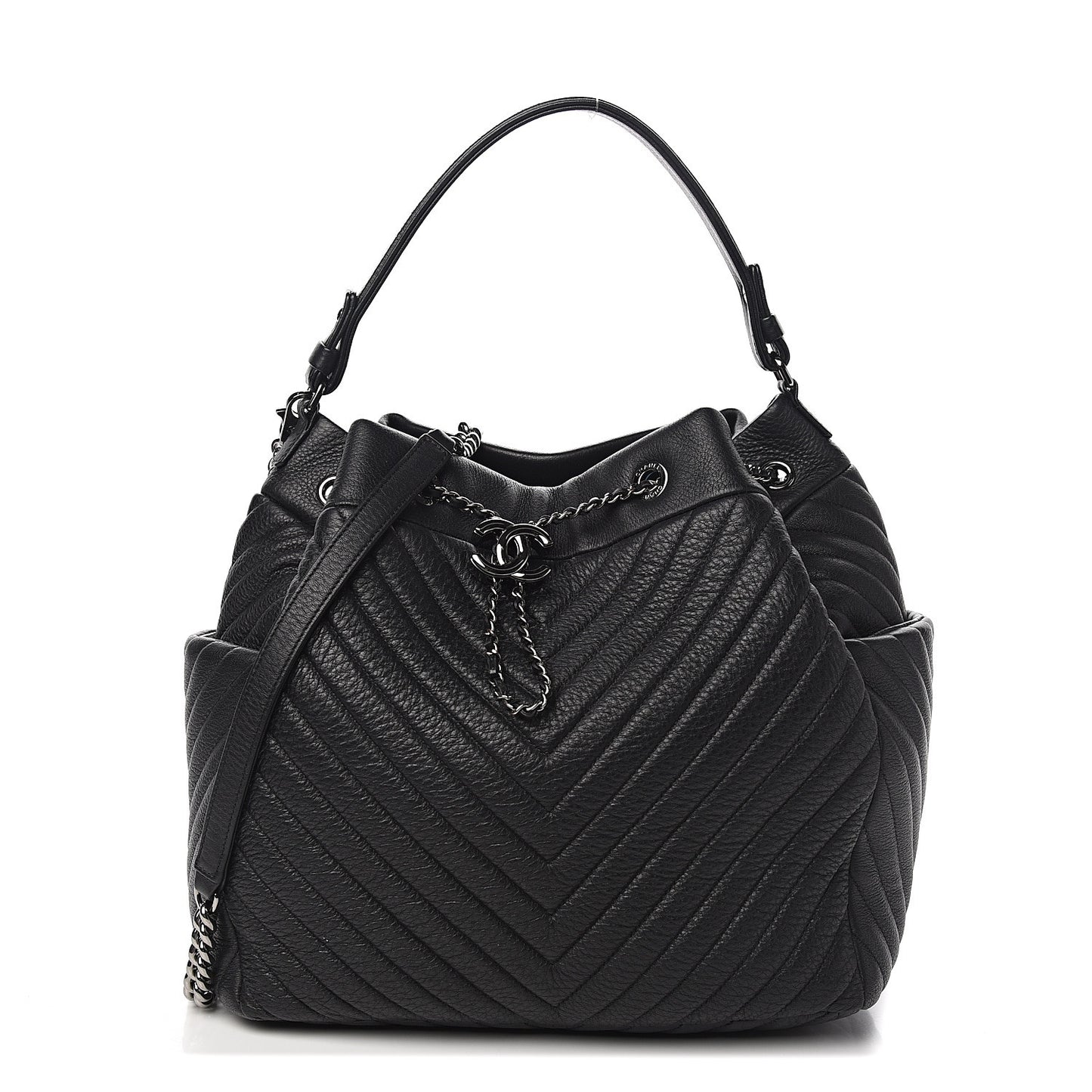 Deerskin Chevron Large CC Chain Bucket Drawstring Bag Black