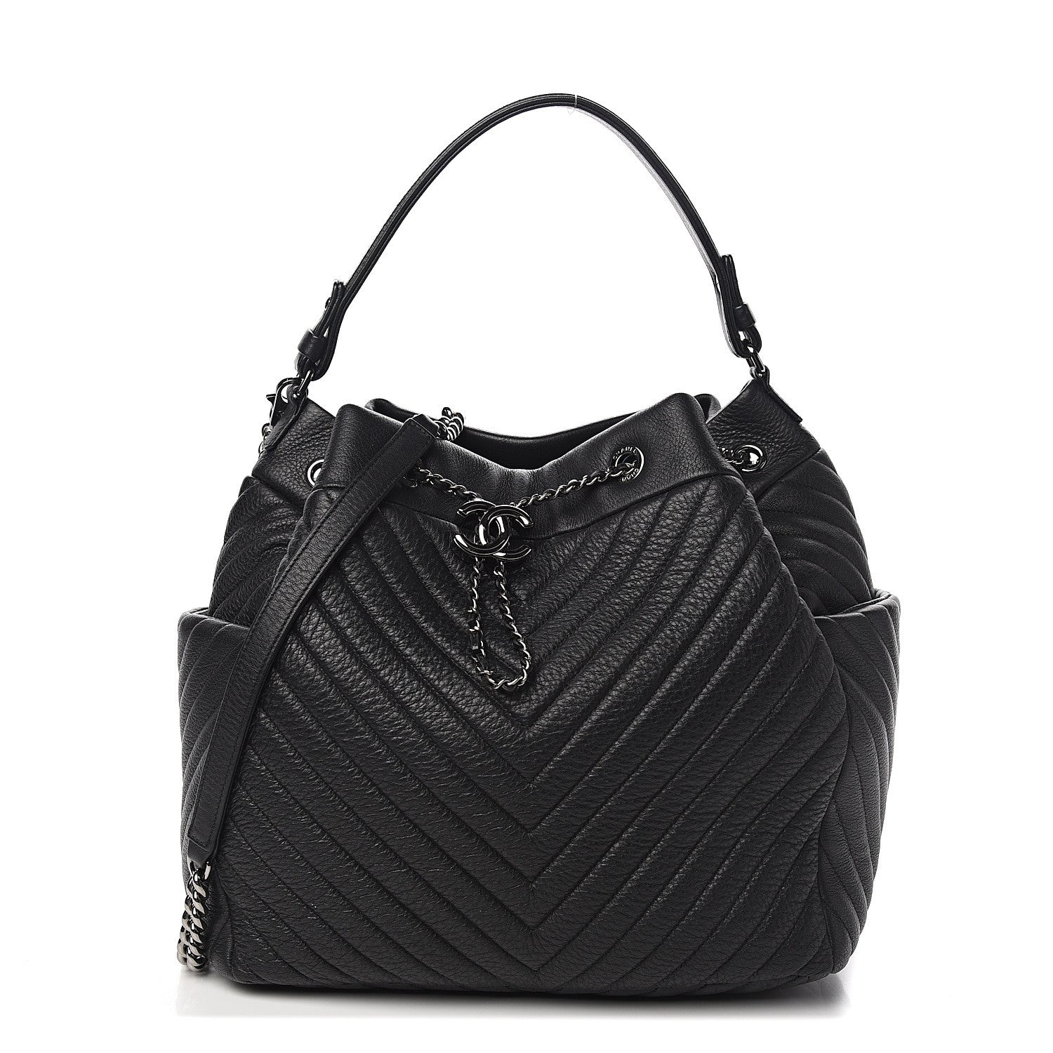 Chanel Deerskin Chevron Large CC Chain Bucket Drawstring Bag Black 1 of 9