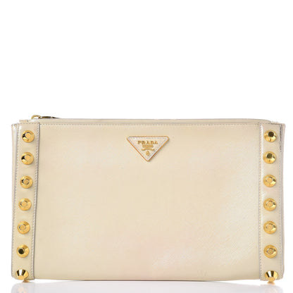 Prada Saffiano Vernice Studded Clutch Talco 1 of 19