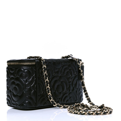 Chanel Goatskin Camellia Embossed Quilted Small Vanity Case With Chain Black 2 of 4