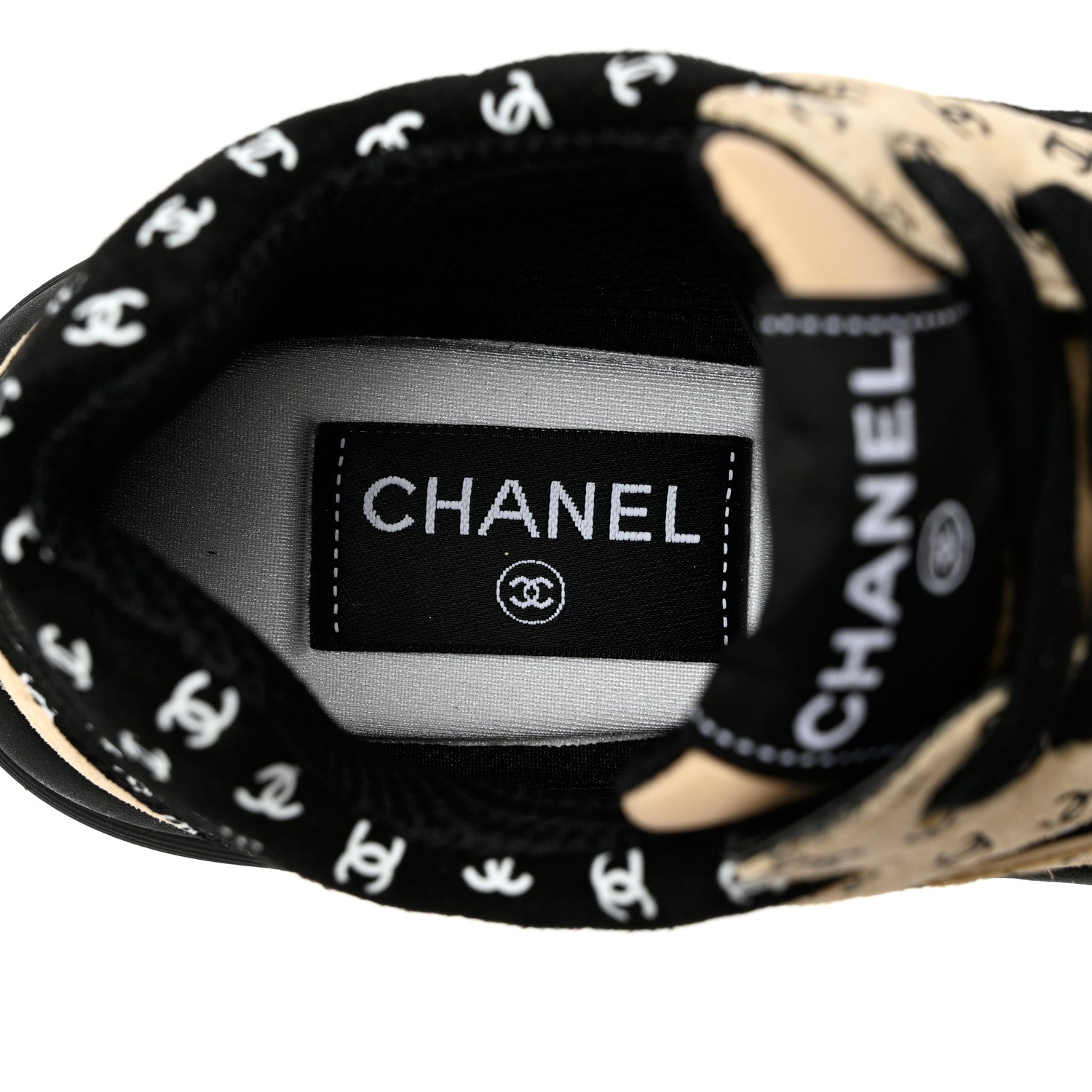 Chanel Nylon Suede Calfskin Printed CC Sneakers 37 Black Beige 7 of 9