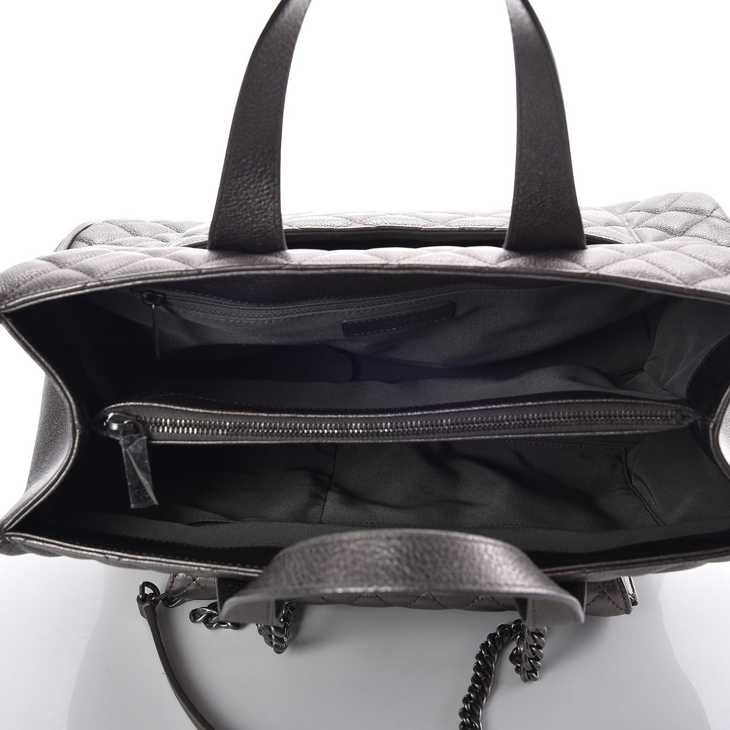 Metallic Grained Calfskin Quilted Large Casual Pocket Tote Silver