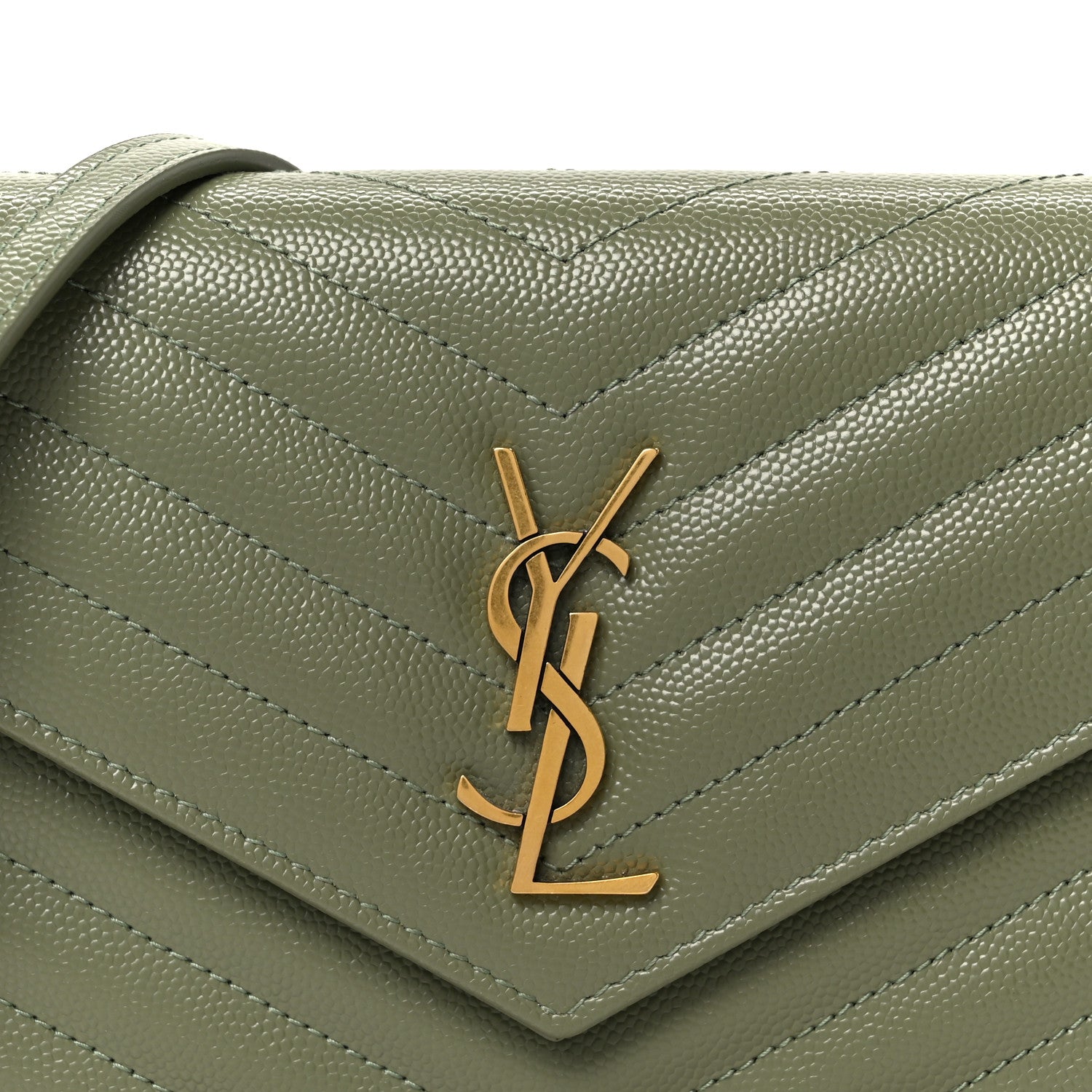 Saint Laurent Grain De Poudre Matelasse Chevron Monogram Envelope Chain Wallet Green Light Sage 8 of 10