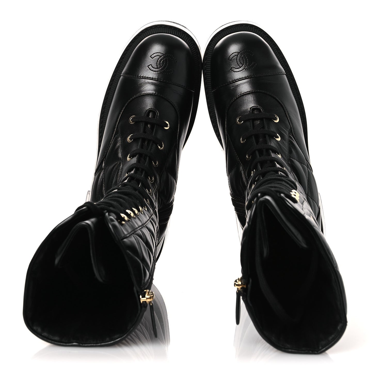 Calfskin Quilted Logo Lace Up Tall Combat Boots 39 Black
