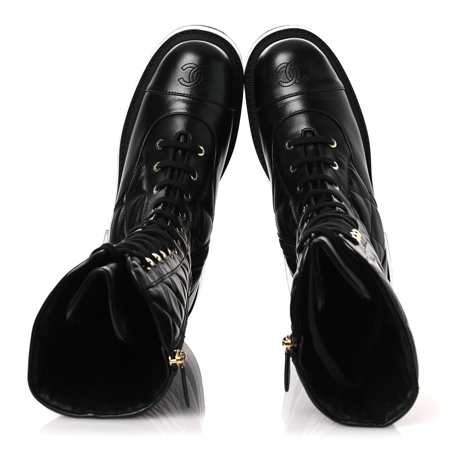 Chanel Calfskin Quilted Logo Lace Up Tall Combat Boots 39 Black 2 of 11