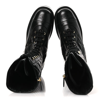 Chanel Calfskin Quilted Logo Lace Up Tall Combat Boots 39 Black 2 of 11