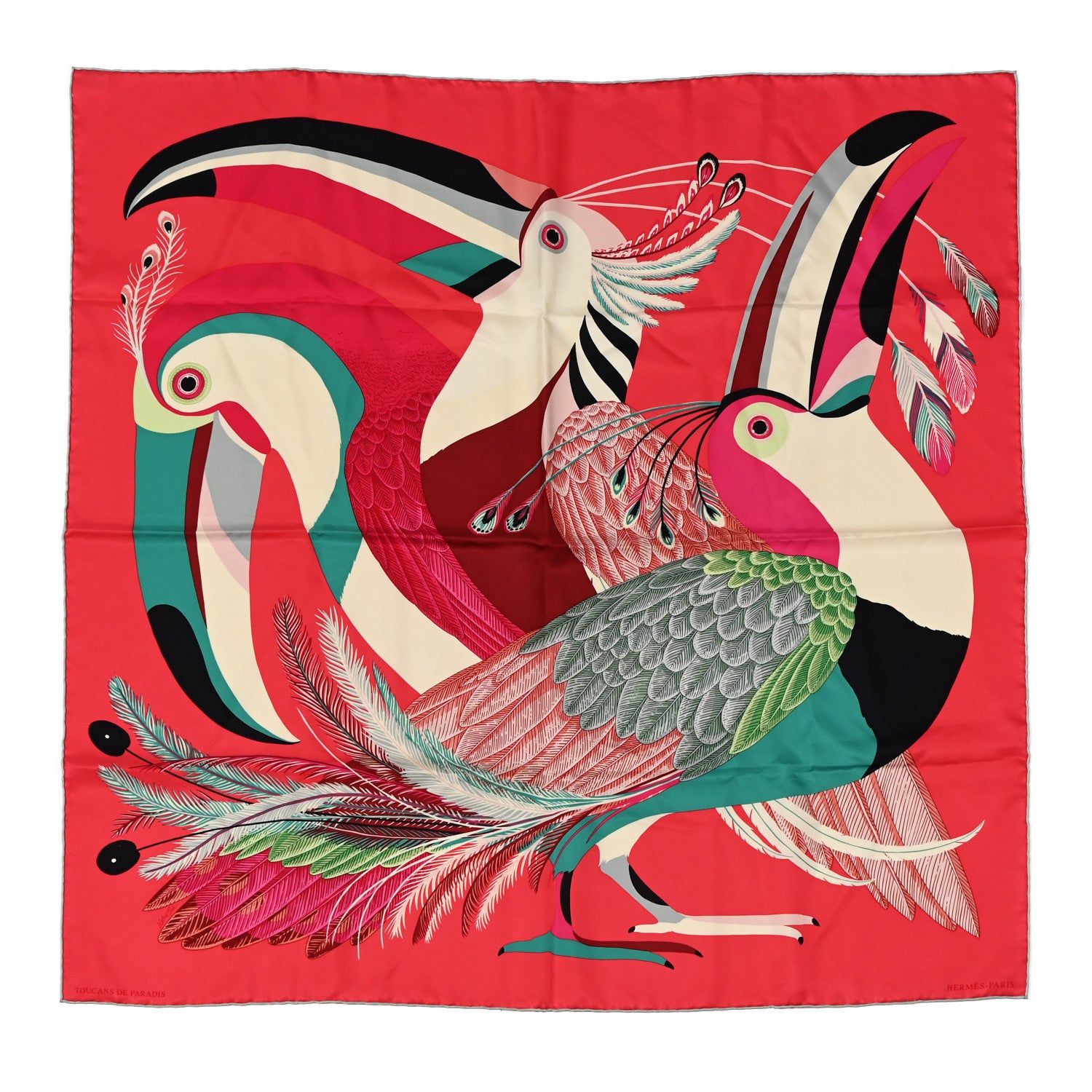 Hermes Silk Toucans De Paradis Scarf 90 Rose Vif Creme Vert 1 of 9