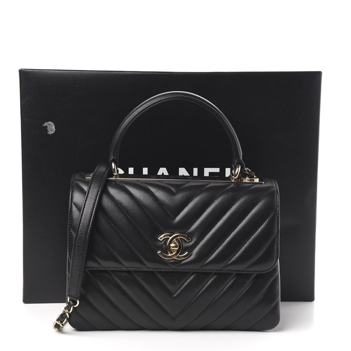 Lambskin Chevron Quilted Small Trendy CC Dual Handle Flap Bag Black