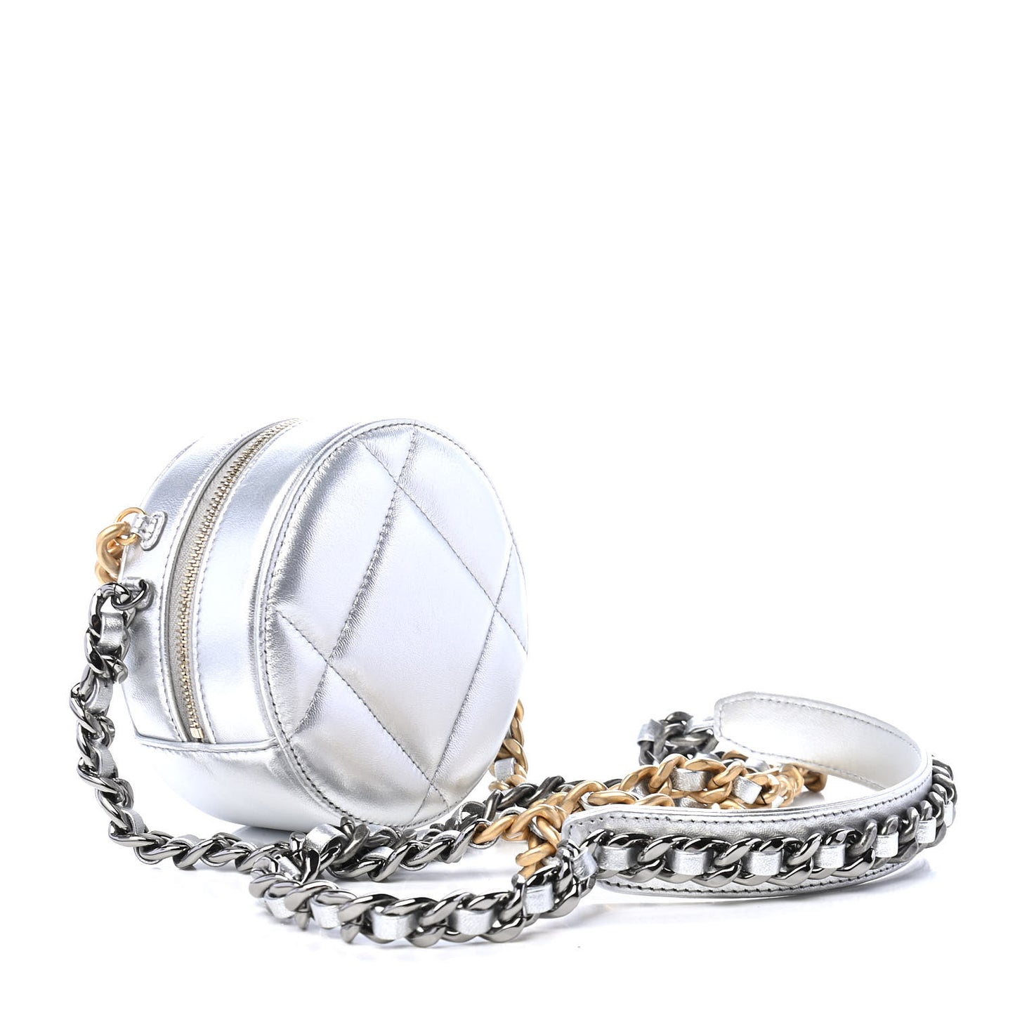 Metallic Lambskin Quilted Chanel 19 Round Clutch With Chain Silver