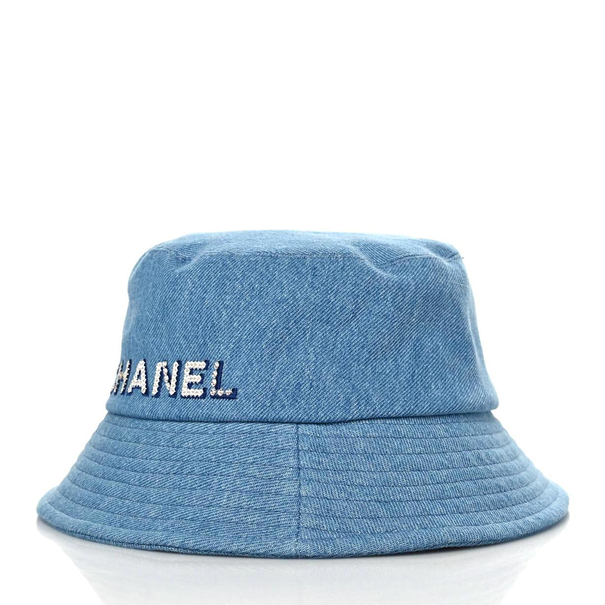 Chanel Denim Sequin Cloche Logo Bucket Hat S Blue 1116963