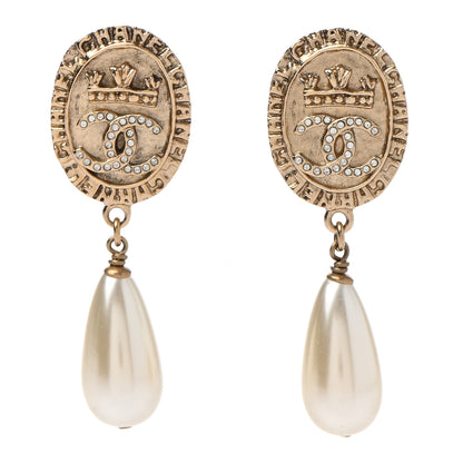 Chanel Crystal Pearl Crown CC Drop Earrings Gold 1 of 5