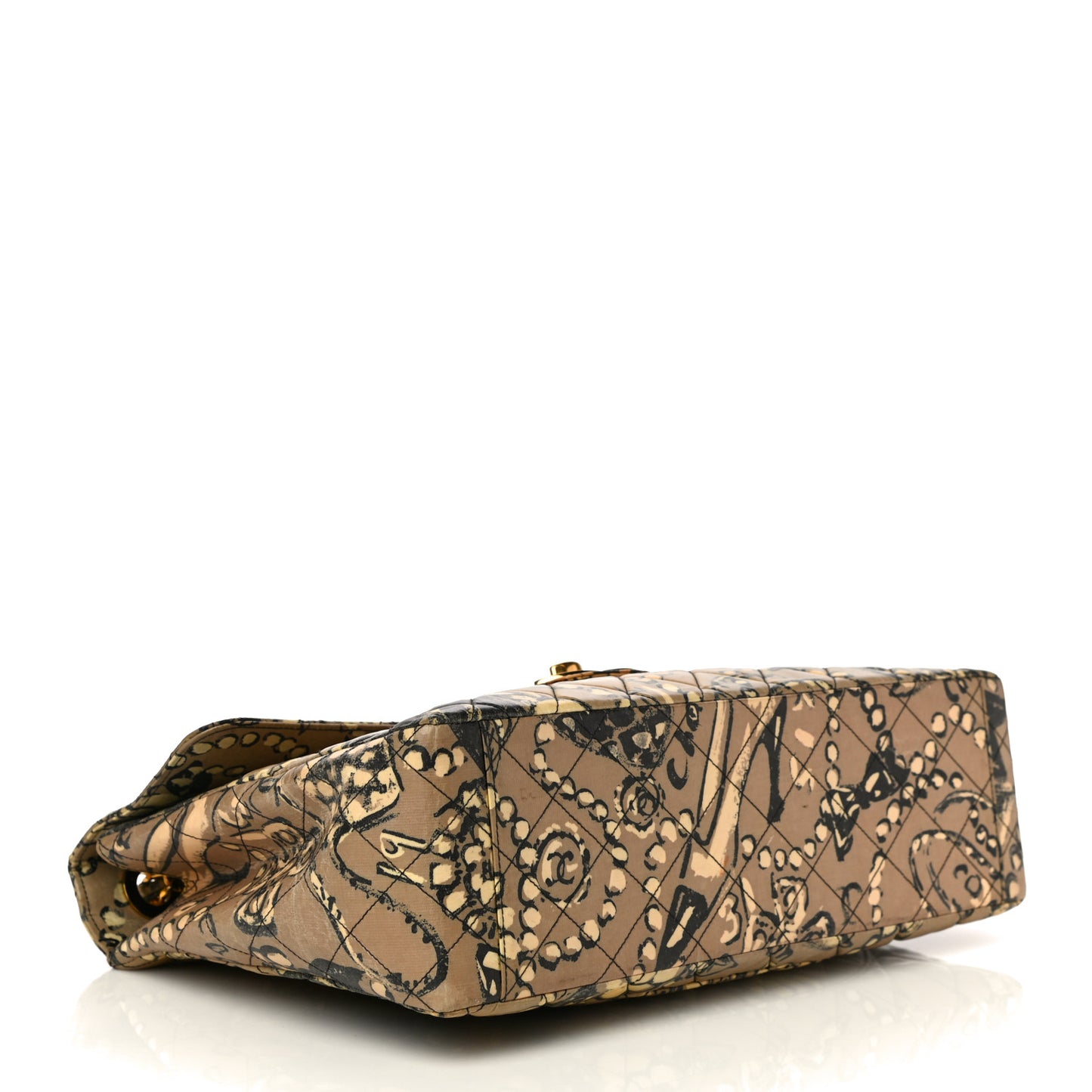 Coated Canvas Printed Quilted Medium Single Flap Black Beige Multicolor