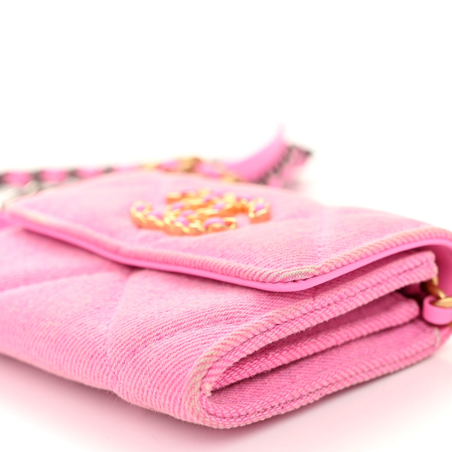 Denim Quilted Chanel 19 Flap Coin Purse With Chain Pink