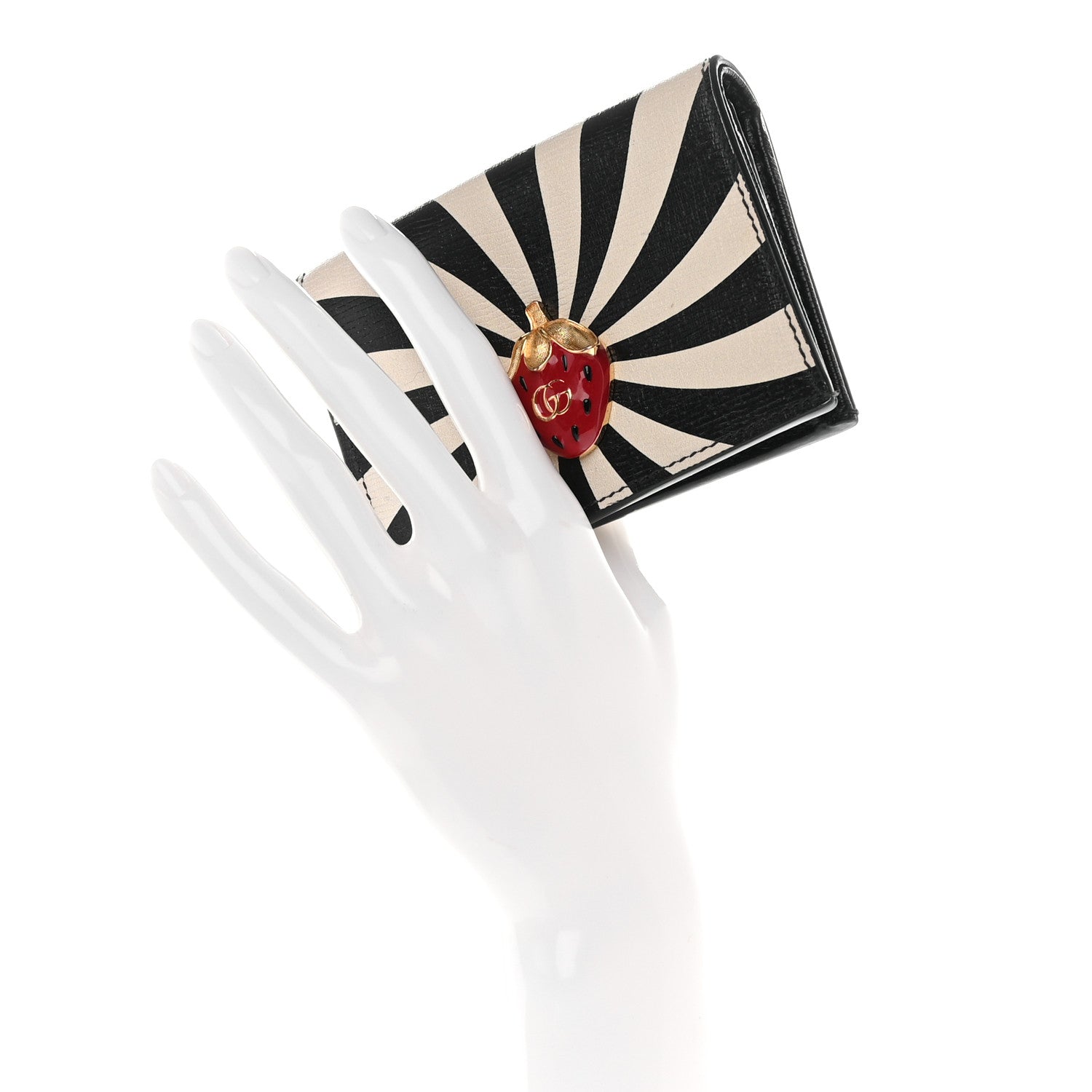 Gucci Textured Calfskin Double G Strawberry Card Case Black White 2 of 9