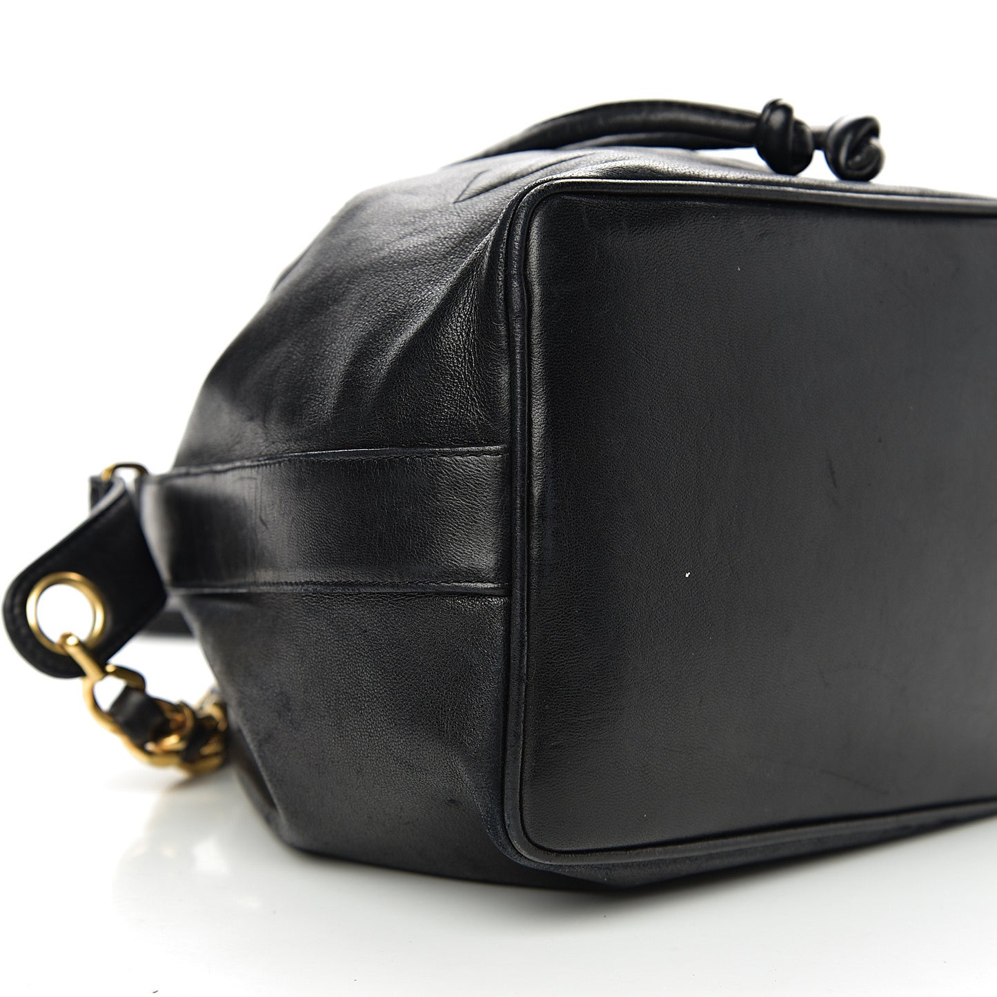 Lambskin CC Stitched Drawstring Bucket Bag Black