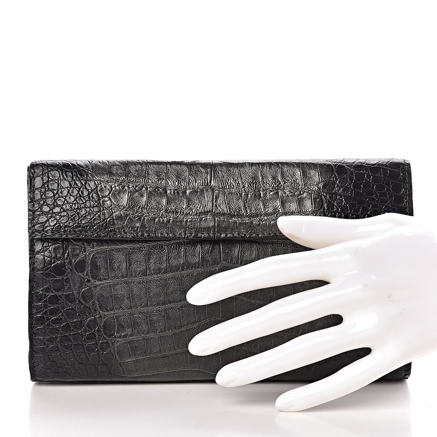 Metallic Crocodile Foldover Clutch Black Silver