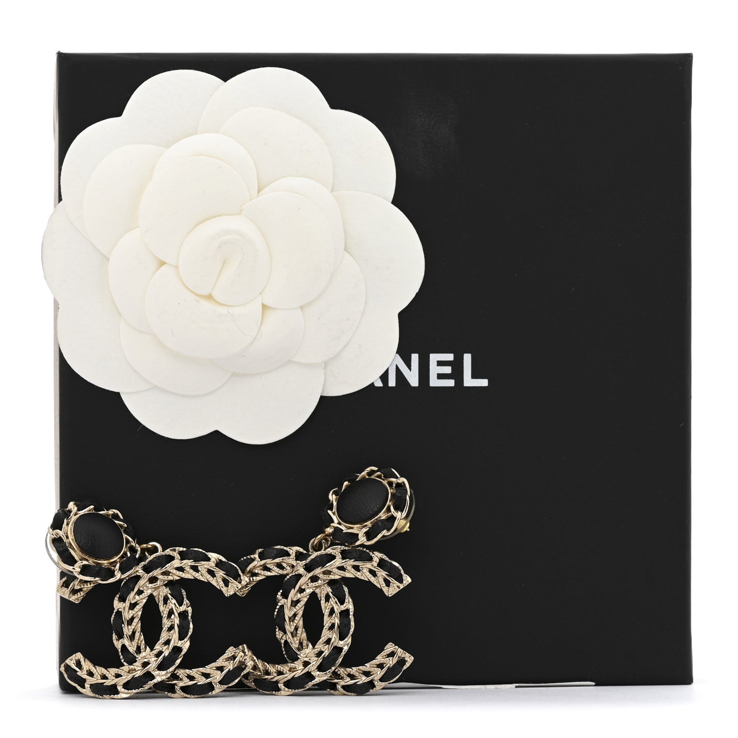 Lambskin CC Chain Drop Earrings Black Gold