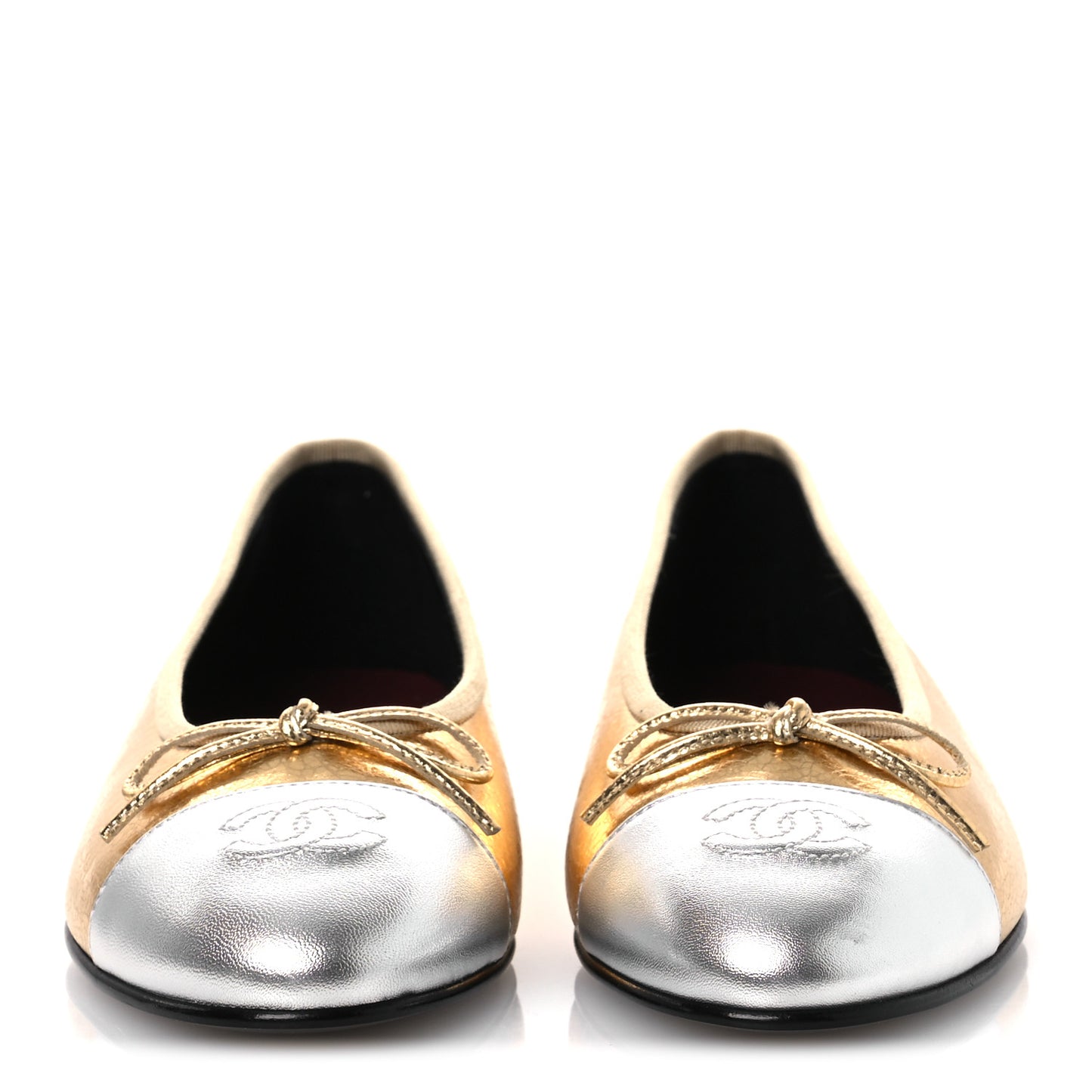 Metallic Crackled Laminated Calfskin CC Cap Toe Ballerina Flats 37.5 Gold Silver