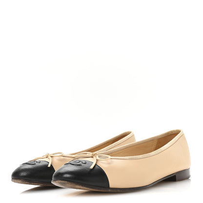 Chanel Lambskin Cap Toe CC Ballerina Flats 39.5 Beige Black 4 of 8