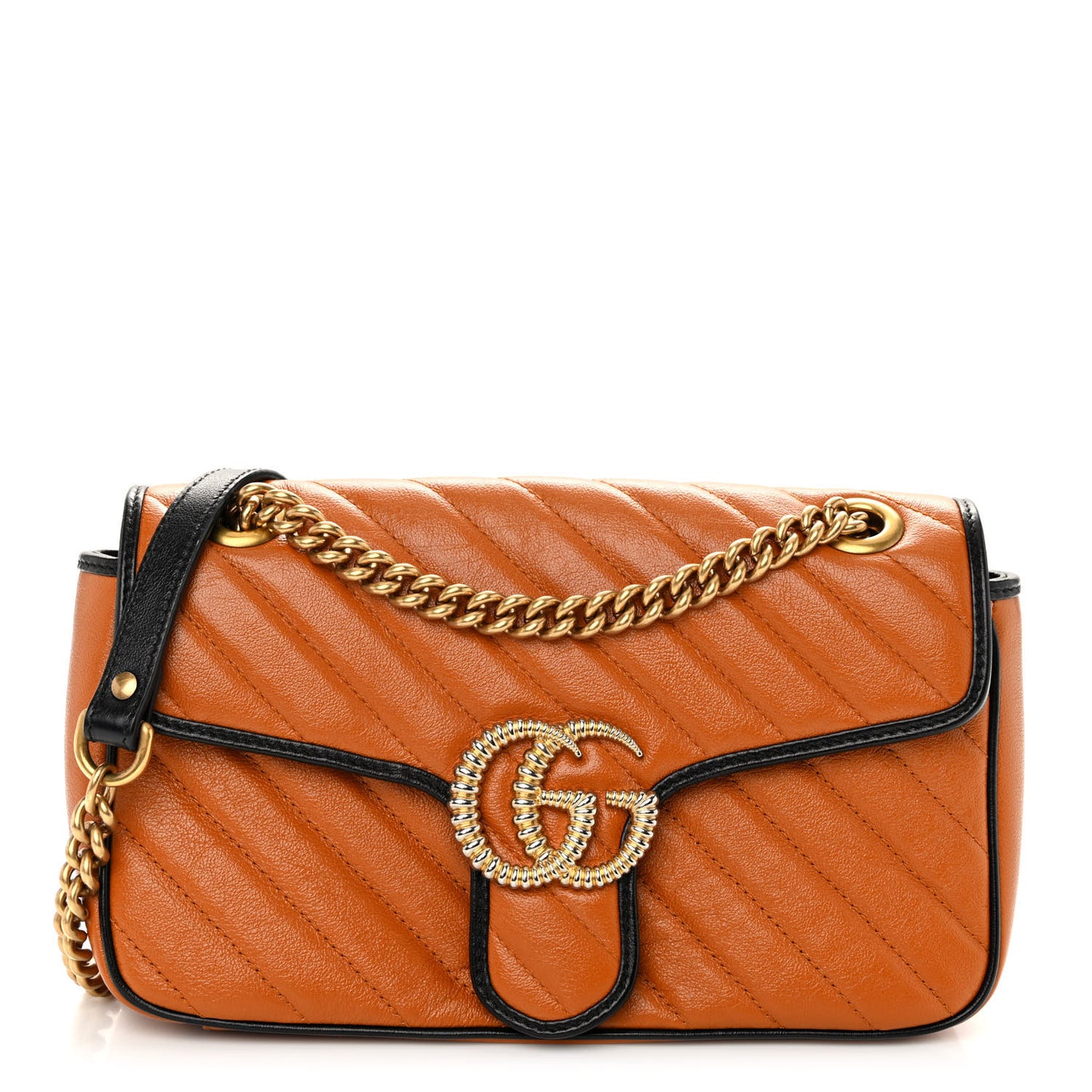 Vintage Effect Calfskin Matelasse Diagonal Small Torchon GG Marmont Shoulder Bag Cognac Black