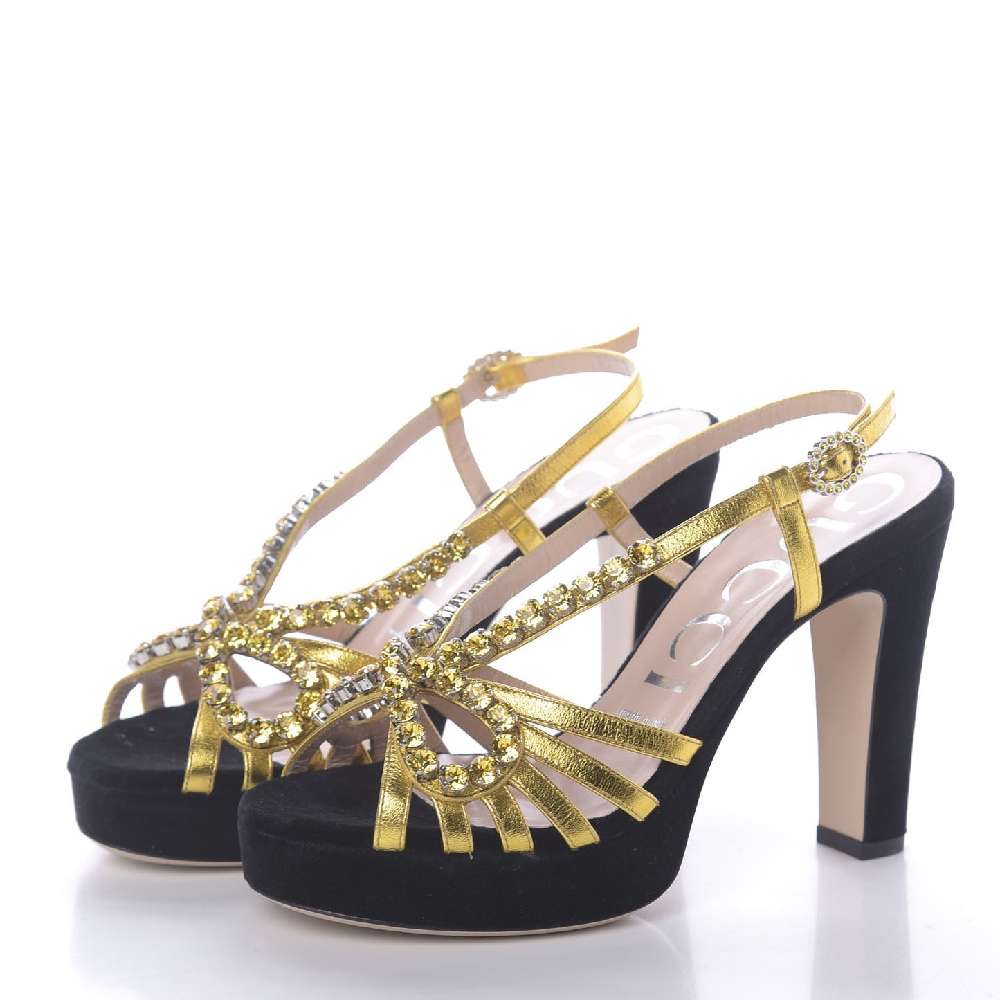Velvet Nappa Crystal Zephyra Slingback Platform High Heel Sandals 37 Black Gold